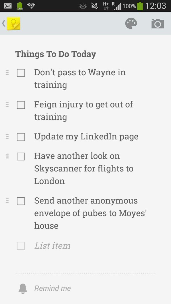 paddypower's tweet photo. EXCLUSIVE: Robin van Persie's to-do list for today. His heart just isn't in it any more. http://t.co/QhzYH16qTw