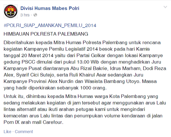 #infoPLG Himbauan dari @DivHumasPolri untuk masyarakat Palembang besok (20/3)