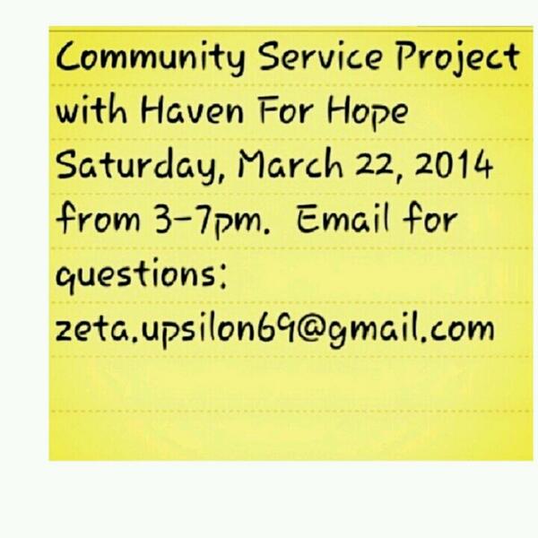 Join US as we volunteer with Haven for Hope this Saturday.  22 March. 

Need more information,  send US an email!