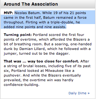 SportSpellCheck's tweet image. Batum added 9 points and 9 assists to go along with his 21 points? #spellcheck @espn 

scores.espn.go.com/nba/recap?game…