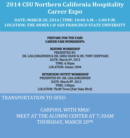SacStateRMA's tweet photo. Tomorrow is the Hospitality Career Expo in San Fran! We're meeting up at the Alumni Center at @sacstate for carpools: http://t.co/G60stOwfou