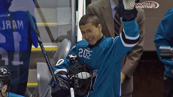 BleacherReport's tweet photo. VIDEO: A Sharks fan has his lifelong dream fulfilled by being allowed to skate with the team http://t.co/taVyY9qcpI http://t.co/TCHYDyIvoS