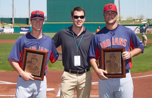 MarkShapiro's tweet image. Indians minor lg player + pitcher of yr received their awards pre game. Congrats to Joe Wendle and Cody Anderson