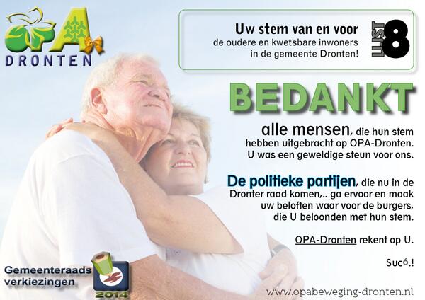 Onze oprechte dank aan alle burgers in de gemeente Dronten, die OPA-Dronten hun stem gaven. #FLkiest <a href="/OPA_BEWEGING/">OPA Beweging 50 Plus</a>