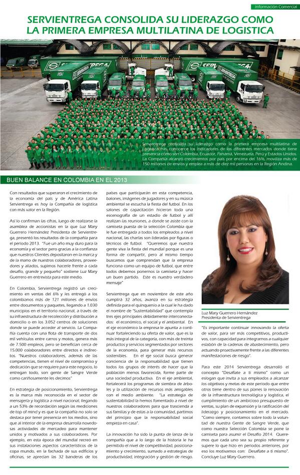 Servientrega_ms's tweet photo. Servientrega se consolida como la primer empresa multilatina de logística. articulo edición impresa @larepublica_co http://t.co/oqbq7mncLn