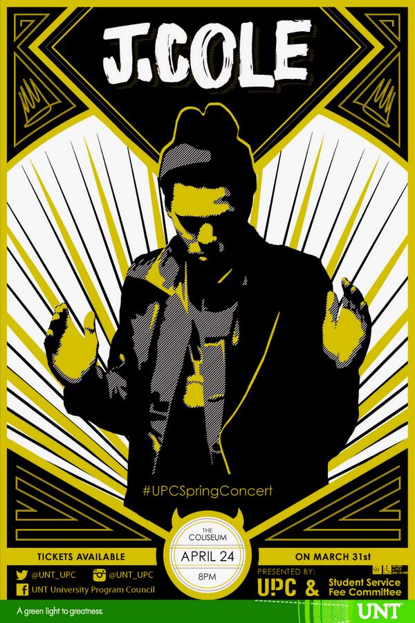 UNT_UPC's tweet photo. UPC is proud to announce that @JColeNC is coming to #UNT on April 24th for the #UPCSpringConcert #GMG http://t.co/OF9Q2fILzS