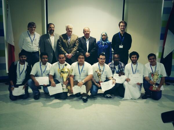 AUDengineering's tweet photo. Winners! 1st place @AUSharjah 2nd place @CarnegieMellonQ 3rd place @KhalifaUni Congratulations! #GPC2014 @AUDubai http://t.co/0yO7ZjCdqk