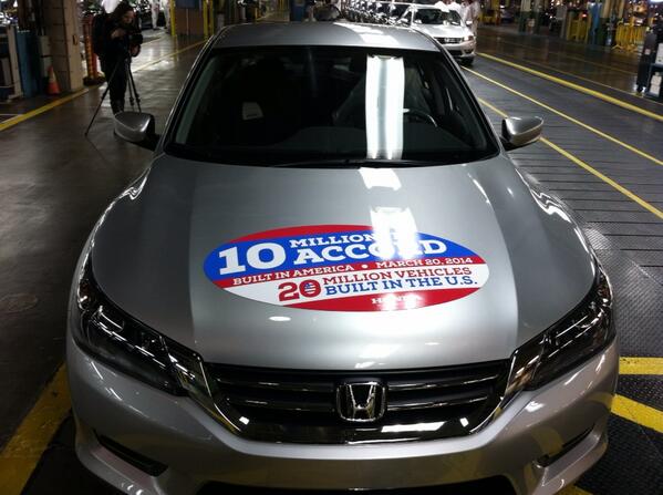 DanGearino's tweet photo. The 10 millionth Accord built in Marysville, Ohio just rolled off the line. http://t.co/eHvLsVBuuc