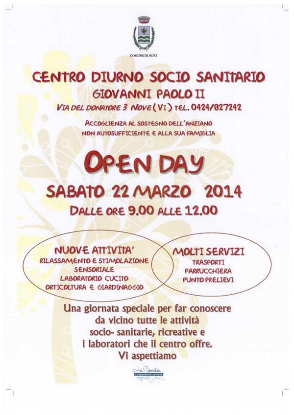 ComuneDiNove's tweet photo. Il centro diurno per anziani non autosufficienti "Giovanni Paolo II" apre le porte per l'Open Day 2014 http://t.co/agQSYEbBkD