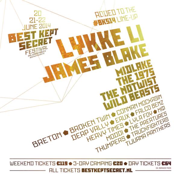 BKSfestival's tweet photo. 20 new names #BKS14. Lykke Li, James Blake, Notwist, The 1975, Breton, Wild Beasts, more: http://t.co/uGljH7dP2j http://t.co/vC89aA69hj