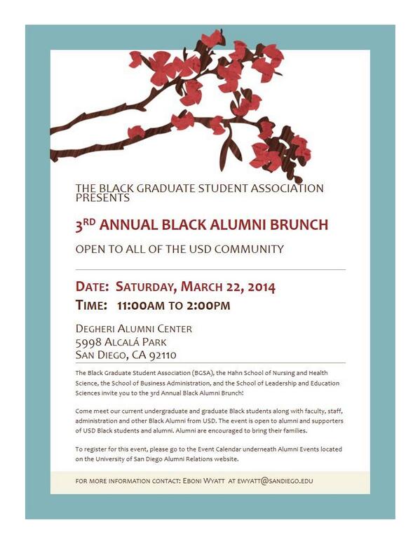 uofsandiego's tweet photo. @UofSanDiego Black Student Graduate Assn. Brunch 3/22 11am DAC http://t.co/o6DKv4EQBM @USD_BSRC @usd_bsu @GoUSDAlumni http://t.co/UvXYDZKz3N