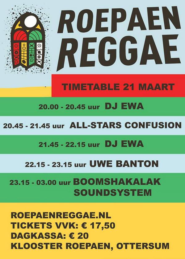 RoepaenReggae's tweet photo. Morgen 21 Maart vanaf 20 uur tot 3 uur(!) aan een stuk #reggae bij @Roepaen in Ottersum (vlak bij Nijmegen). http://t.co/CKp89LDcUO
