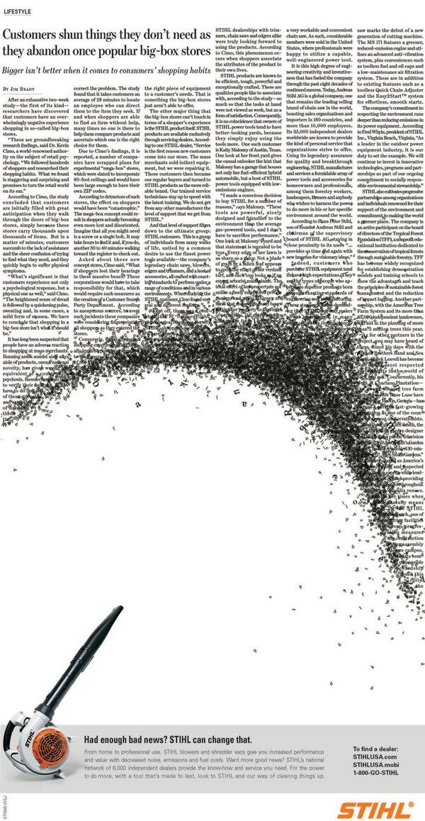 CGuerrillaMBlog's tweet photo. This magazine ad for a leaf blower is pretty awesome! #marketing #advertising http://t.co/uvvxGh9N8k
