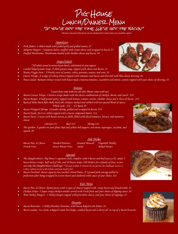 ThePigHouse's tweet image. Our new and improved lunch/dinner menu! #Bacon #PigHouse #yummy