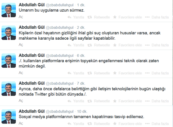 Abdullah Gül, Twitter yasağını Twitter'da attığı tweetlerle yorumladı: "Umarım bu uygulama uzun sürmez"