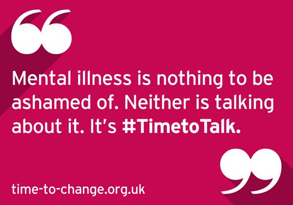 TimetoChange's tweet photo. Mental illness is nothing to be ashamed of. Neither is talking about it. It's #TimetoTalk, it's @TimetoChange. Pls RT http://t.co/vt6OfeohBl