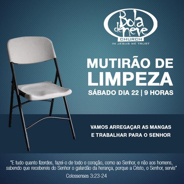 boladenevebc's tweet photo. ATENÇÃO LIDERANÇA!  Amanhã, às 9 horas, estaremos realizando um grande mutirão de limpeza nas cadeiras da igreja. http://t.co/pAzXQhywQk