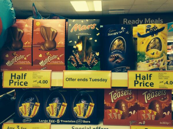 #eastereggs giant Cadbury or Mars eggs half price until Tuesday <a href="/Stevejtait/">Steve Tait</a>