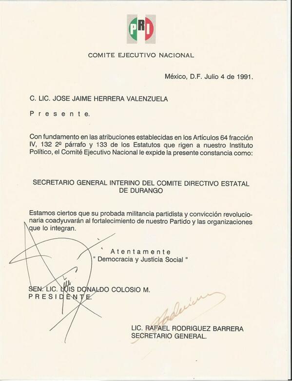 UnidRevDgo's tweet photo. Nombramiento de nuestro presidente @JJaimeHerrera firmado por el gran hombre y político Luis Donaldo Colosio http://t.co/hQ0n9iR8Dw
