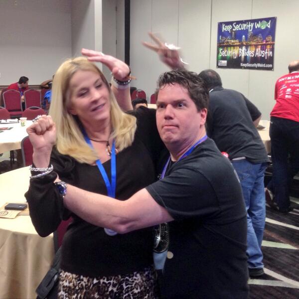 jaysonstreet's tweet image. #AwkwardHug at #BSidesAustin with Mary Ann Davidson CSO of @Oracle it was awkward &amp; unpatched #JavaJoke ;-)