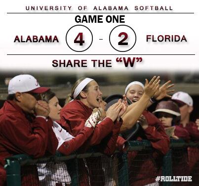 UA_Athletics's tweet photo. The Crimson Tide wins! @AlabamaSB takes game one from No. 1 Florida, 4-2! RT to Share the W! #RollTide http://t.co/yGsv135NAe