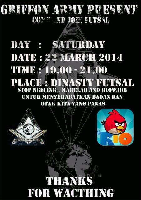 Jangan lupa nantik kita futsal jam 7-9 malem di Dinasty Jl.Ngagel <a href="/GriffonsArmySby/">G*A Surabaya</a> <a href="/GriffonsArmy/">Griffon's Army</a>