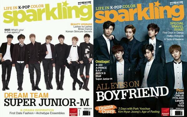 SparklingMag's tweet photo. Spring is coming! #Boyfriend and #SuperJuniorM on the covers of @SparklingMag 's latest issue. Available this April http://t.co/L5OKbeJ7wy