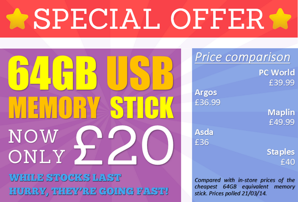 ioHubComputing's tweet image. SPECIAL OFFER! Grab yourself a 64GB USB memory stick for ONLY £20! Hurry, while stocks last - they're going fast!