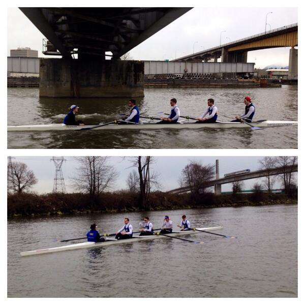 UBCRowing's tweet photo. Labour vs Management. Bow &amp; Stroke pair vs the Engine Room. #Thunderstruck http://t.co/bymbuxIzAW