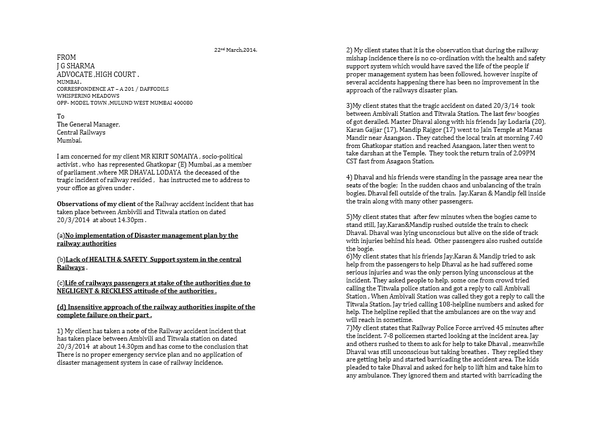 Sent a legal notice 2 #CentralRailway-Mumbai on #CriminalNegligence resultng in death of d young boy Dhaval Loday