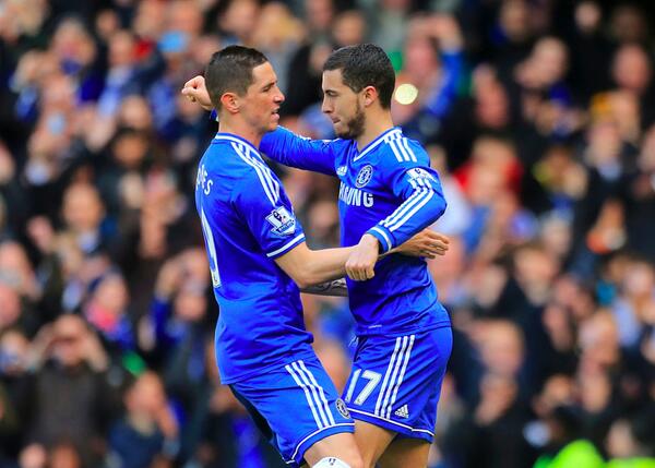 ChelseaFC's tweet photo. .@hazardeden10 celebrates his goal with @Torres... #CFC http://t.co/pxV3PmxSNc