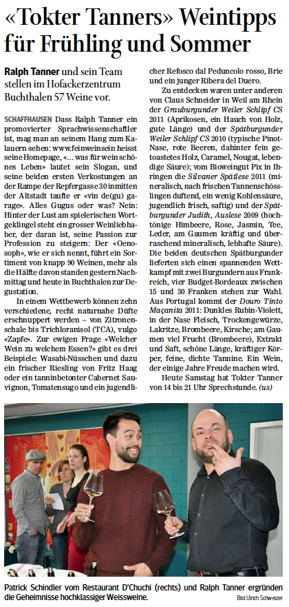 «Tokter Tanners» Weintipps für Frühling und Sommer. <a href="/SHN_News/">Schaffhauser Nachrichten</a> vom 22. März 2014