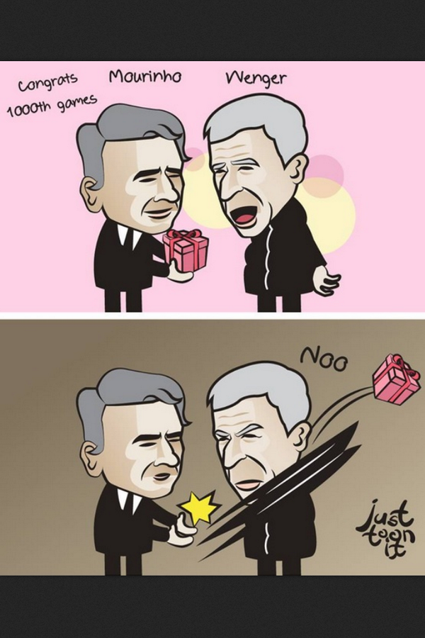 -  كاركتير طريف ، مورينيو يقدم هديته لـ فينغر بمباراته الـ 1000 😭😜