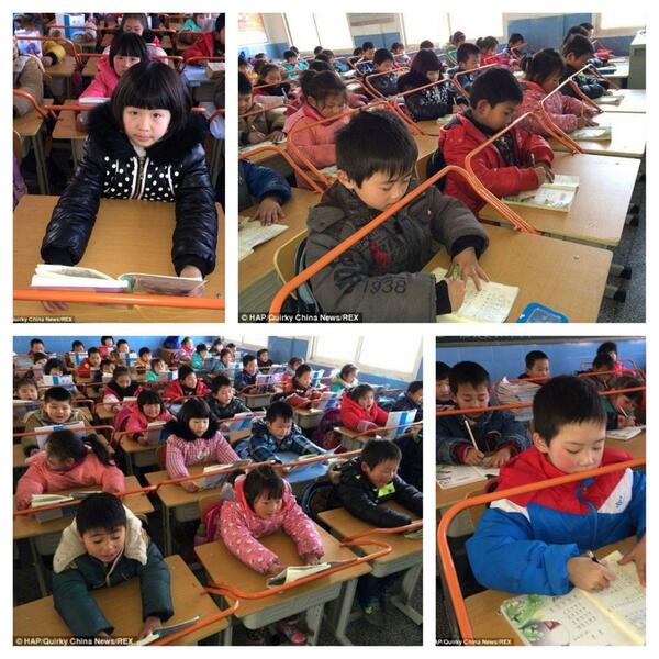 FAWAZALAJI's tweet photo. في مدرسة إبتدائية بالصين وفرت طاولات بحواجز حديدية لتمنع الطلاب من قراءة الكتب عن قرب لحماية أعينهم من قصرالنظر!
#صحة http://t.co/4tJaFDNXzo