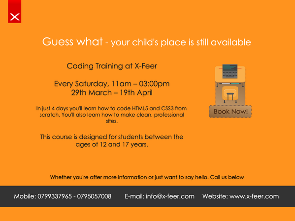 XFeerFDN's tweet photo. Guess what - your child's place is still available! #course #coding #JO #Amman http://t.co/5KzGQCYRPa