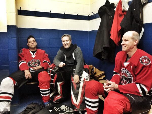 strombo's tweet photo. Taping the third period because us old guys are in the playoffs. @HackHC @AaronJJBrophy @Joseph_McGinty #BackTheHack http://t.co/TuP62i6scx