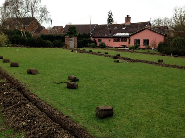 All irrigation pipework laid in open trenches and sprinkler heads fitted.
Just have to reinstate excavated areas.