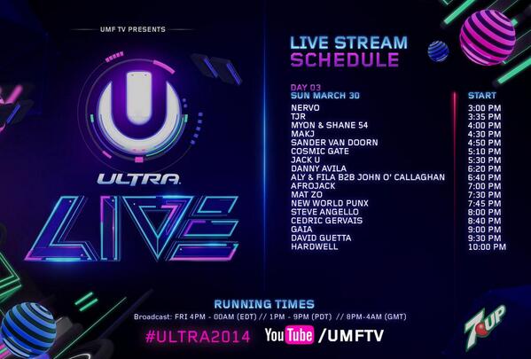 NightLifeStdr's tweet photo. Así queda el horario del UMF para hoy. Sumad 6 horas para saber a que hora emiten en España. http://t.co/mEq3AVFzo1