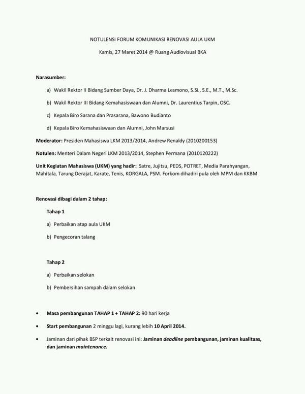 Notulensi forum komunikasi hari kamis, 27 Maret 2014. Mengenai renovasi aula ukm halaman pertama