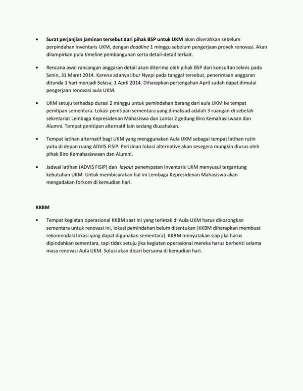Notulensi forum komunikasi UKM hari kamis, 27 Maret 2014. Mengenai renovasi aula UKM, halaman 2