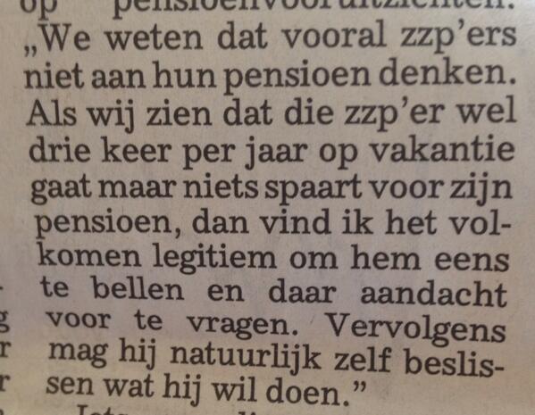 Zozo. #zzp'ers die 3x per jaar op vakantie gaan, maar niet sparen voor pensioen krijgen briefje #rabobank