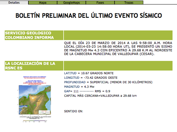 KatavedaVega's tweet photo. El sismo sentido en @Valledupar tuvo una magnitud de 4.3, y epicentro a 29.6 Km al noroeste de @Valledupar http://t.co/9caGDlPS0O"