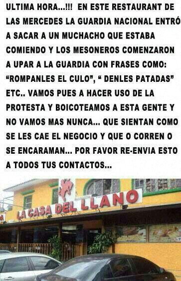 BOICOT TOTAL al Restaurante "Casa del LLano" en Las Mercedes, Caracas: LEER IMAGEN  via <a href="/JohnnieBuchanan/">Johnnie Buchanan</a>. DESGRACIADOS