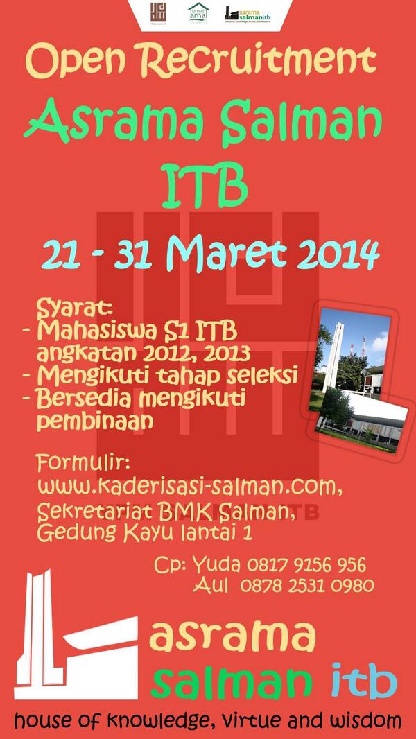 lisna0194's tweet photo. Mangga teman-teman yang berminat untuk mendaftar @AsramaSalmanITB ini posternya :) http://t.co/YSOKDr8v3u