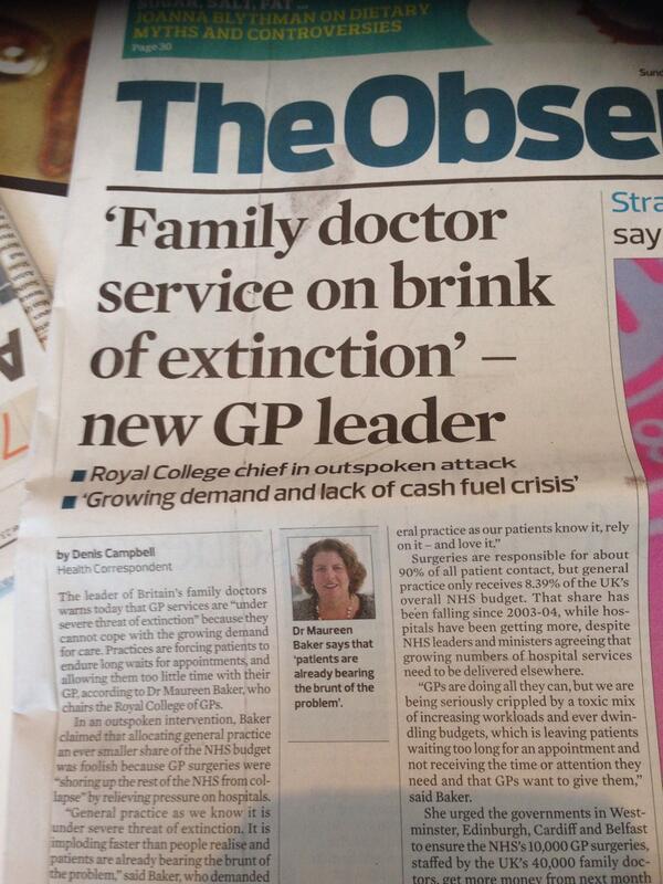 ClareGerada's tweet photo. Well done @rcgp &amp; @Maureenrcgp for highlighting problems in general practice #putpatientsfirst http://t.co/RSSeF5tQoT