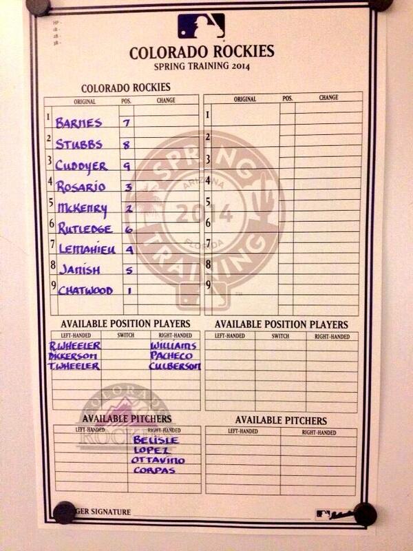 Rockies's tweet photo. Here is today's lineup vs. #WhiteSox. Watch this one beginning at 2pm MT on @ROOTSPORTS_RM. #RockiesSpring http://t.co/C4KDMi80SM