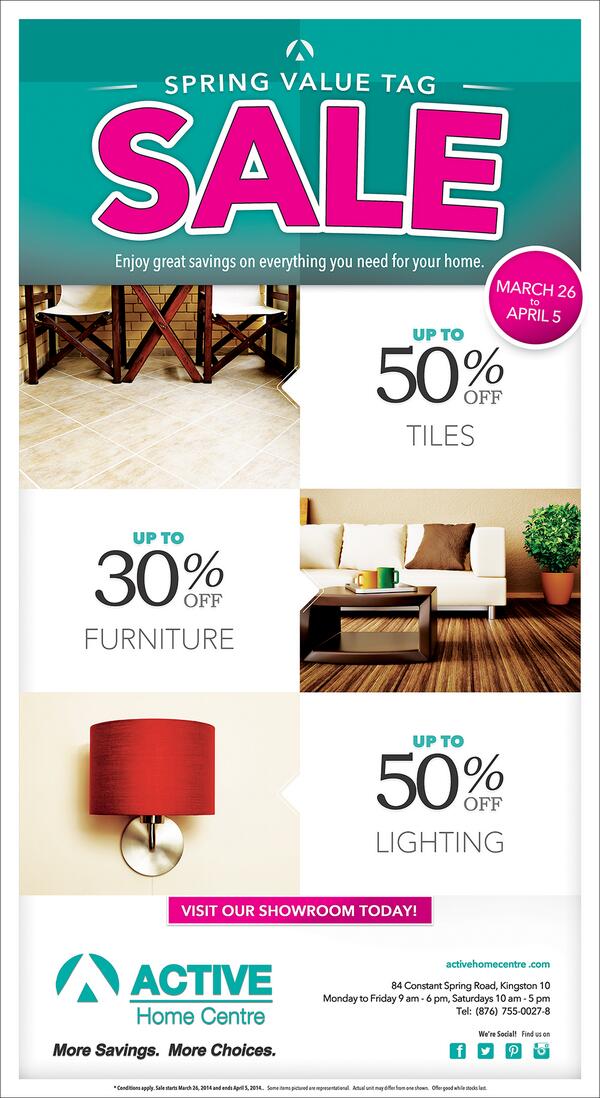 ActiveHC's tweet photo. @ActiveHC SPRING VALUE TAG #SALE   Up to 50%OFF #Tiles &amp; #Lighting plus up to 30%OFF #Furniture - March 26 - April 5 http://t.co/3eCIr9a8Nn