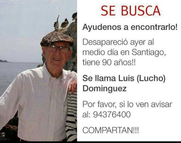 ingrid_maureira's tweet photo. URGENTE Luis Dominguez (90 años) perdido desde el 20 de marzo camino a la escuela de arquitectura UC @Cooperativa http://t.co/fZynOixx96
