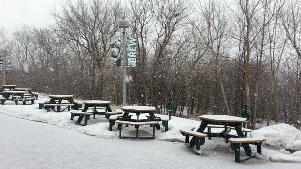 summitbeer's tweet photo. Just when the patio was starting to show. MORE SNOW?!?! Time for #FrostLineRye #TheLongWinter http://t.co/eiHlgpnRqr