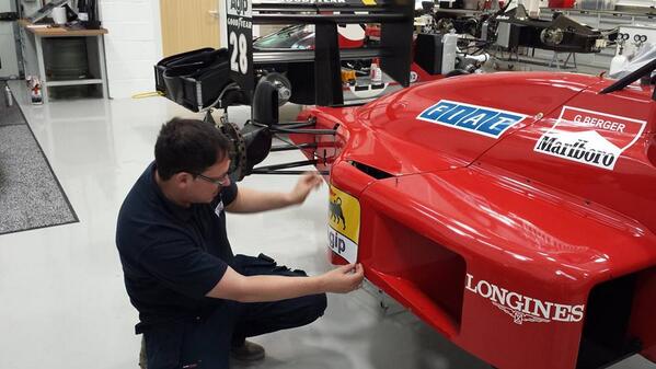Graphitech2's tweet photo. Exciting day for James..... He's just back from applying racing livery to Gerhard Berger's '87 Ferrari F1 car http://t.co/BtHLJRIWoI